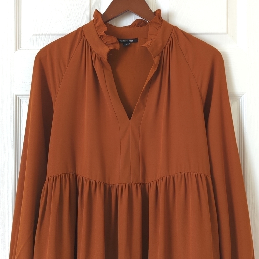 Sam and Jess Ruffle Tiered Long Sleeve V-neck Mini Babydoll Swing Dress Rust S - Picture 2 of 13
